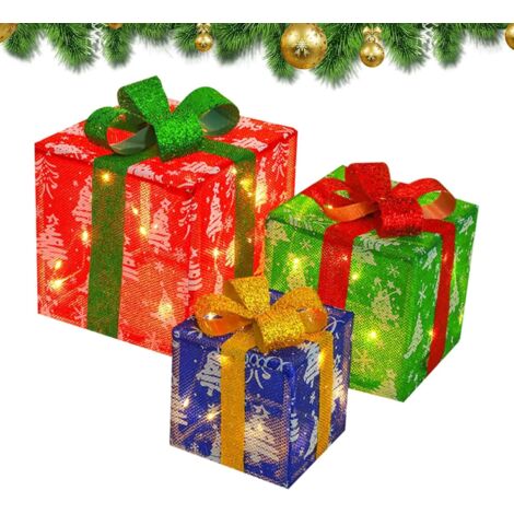 Coocheer – Lot de 3 boîtes cadeaux lumineuses de Noël – Décoration intérieure et extérieure – Tailles 25x25cm, 20x20cm, 15x15cm – Matériaux résistants