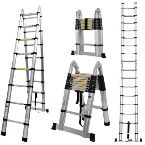 COOCHEER Scala telescopica pieghevole 5M, 2 in 1 scala pieghevole in alluminio con 16 pioli, carico massimo 150 kg, Argento puro