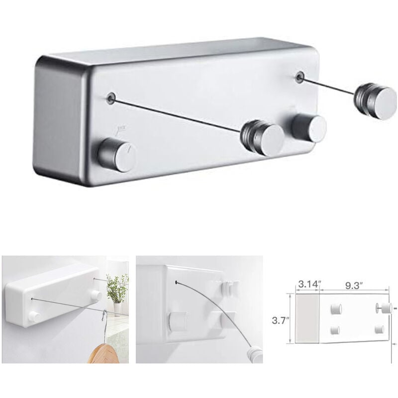 T-Corde à linge rétractable pour intérieur et extérieur, 2 fils à linge de 13.8Feet en acier inoxydable, Pas besoin de percer des trous fixation