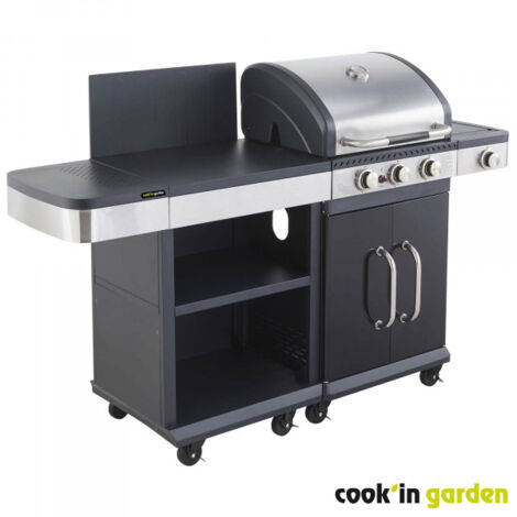 Cook'In Garden – Barbecue à gaz 3 brûleurs inox 11,5 kW – Desserte avec roues multidirectionnelles – Capacité jusqu'à 10 convives – Dimensions L 182 × l 57 × H 112 cm