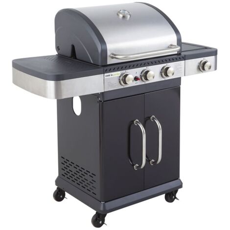 Cook'In Garden – Barbecue à gaz 3 brûleurs inox – Réchaud latéral – Puissance 11,5 kW – Surface de cuisson 60x42 cm – Capot inox avec thermomètre