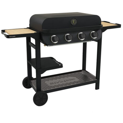 Cook'In Garden – Barbecue à gaz 4 brûleurs inox 10 kW – Surface de cuisson 76 x 40 cm – Allumage piezo – Capot avec thermomètre – Tiroir récupérateur de graisse