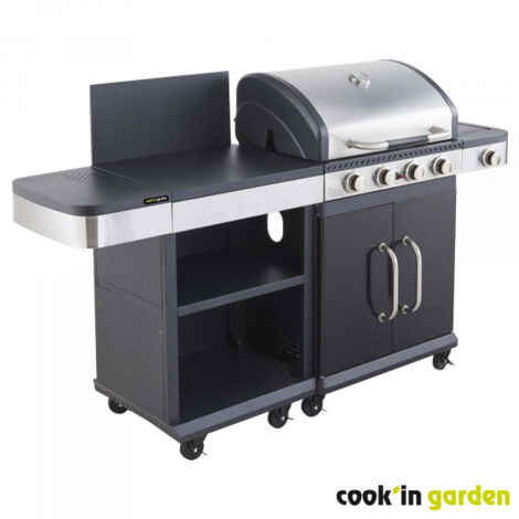 Cook'In Garden – Barbecue à gaz 4 brûleurs inox avec réchaud latéral – Surface de cuisson 70 x 42 cm – Capot avec thermomètre intégré – Desserte pratique