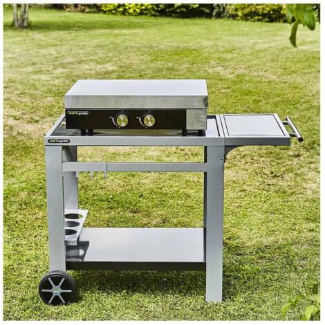 Cook'In Garden – Chariot à plancha 2 brûleurs inox – Surface de cuisson 63 x 42 cm – Dimensions 153 x 59 x 95 cm – Tiroir récupérateur de graisses