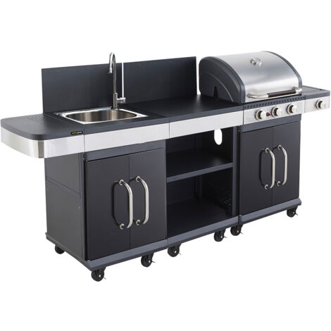 Cook'In Garden – Cuisine extérieure modulable FIDGI 3 – Barbecue à gaz 3 brûleurs – Évier inox et desserte – Dimensions L 242 × l 57 × H 114 cm
