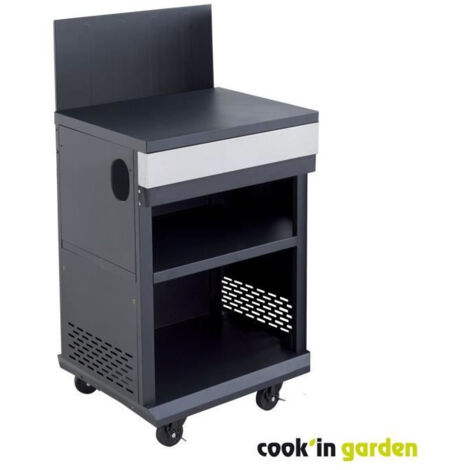 Cook'In Garden – Desserte barbecue noire et argentée 60x51,5cm – 4 roues avec freins – Espace de rangement pour ustensiles – Compatible FIDGI 3 et 4