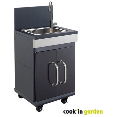 Cook'In Garden – Évier intégrable pour barbecue – Dimensions L 60 × l 57 × H 114 cm – Structure métal et évier inox – 4 roues avec frein