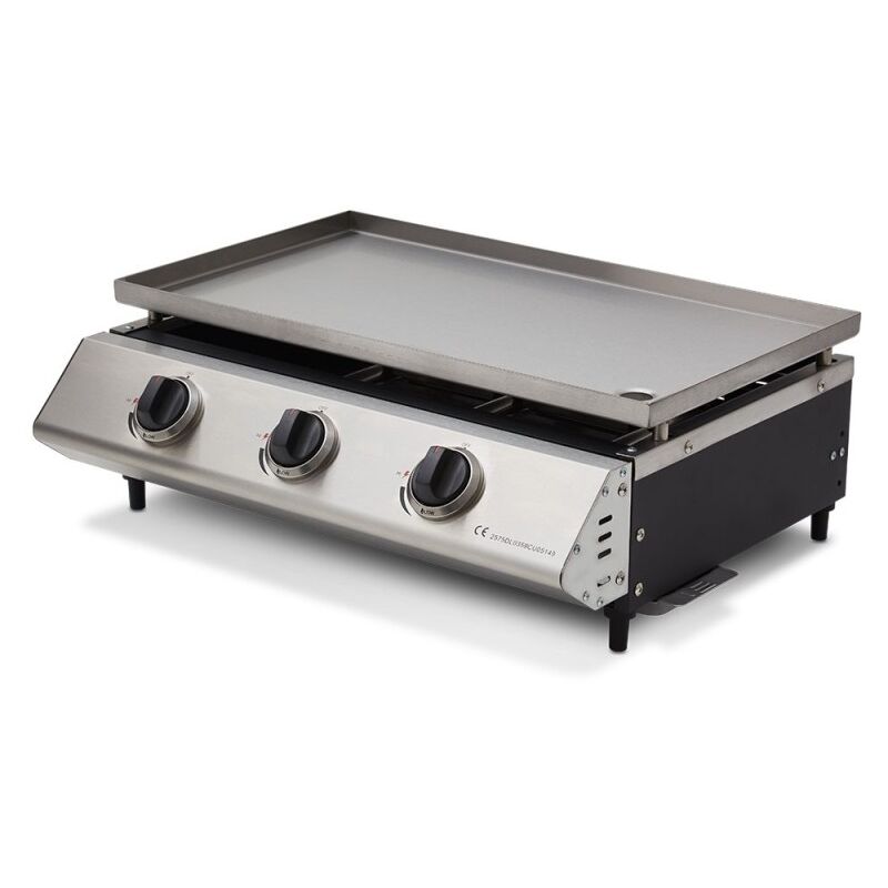 Brasero - cooking box - Plancha à gaz Cadix 3 feux - Surface de cuisson 62 x 37,5 cm - Plaque inox - 3 brûleurs - Tiroir graisse - Jusqu'à 8 convives