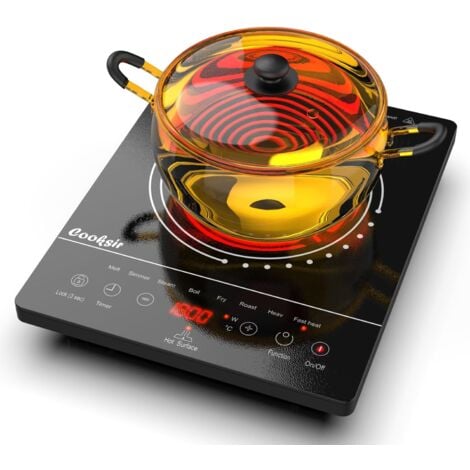 Cooksir Glaskeramikkochfeld 1 Platte, Tragbar Kochfeld mit Stecker, Infrarot-Wärme, 2000W, 28cm, Glaskeramik Kochplatte, Sicherheitsschloss, 4 Stunden Timer