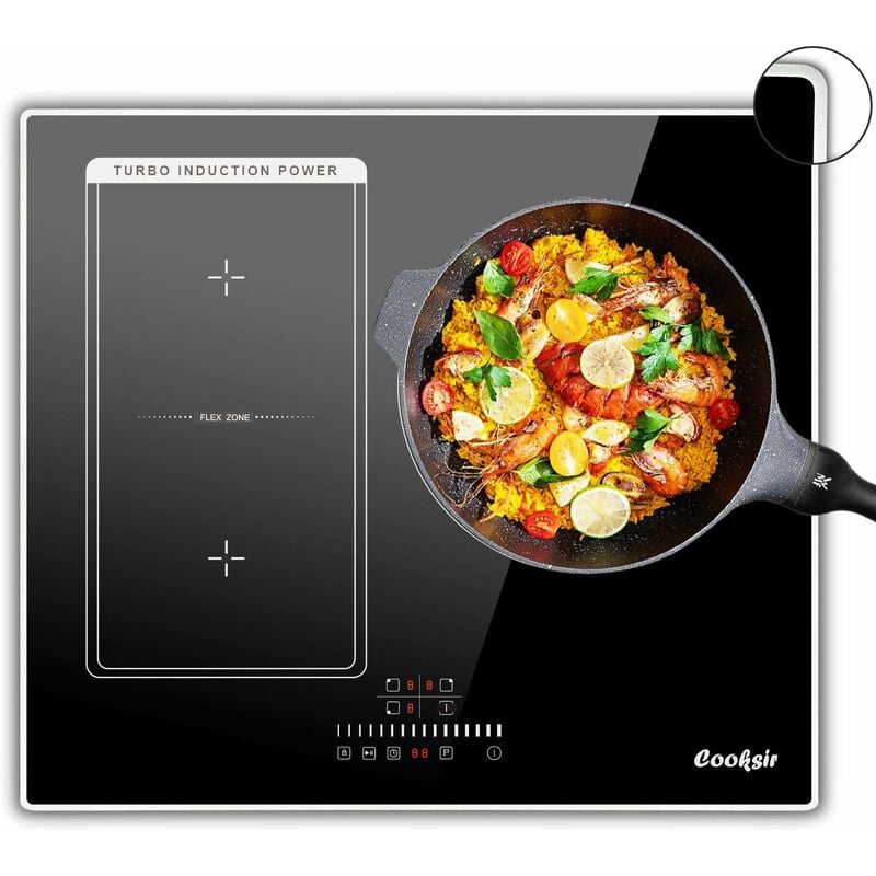 Cooksir - Induction 3 Feux avec Cadre, Bord Inox, Plaque Induction 60cm, 6800W, Commande Tactile à Curseur, Zone Flexibles pour le Grille, Plaque de