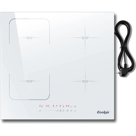 Cooksir Piano Cottura a Induzione 4 Piastre, Piano Cottura Induzione con Spina, da Incasso 59cm, 3500Watt, Piano Cottura in Vetroceramica Bianco, Zona Combinata, 220V, 50Hz
