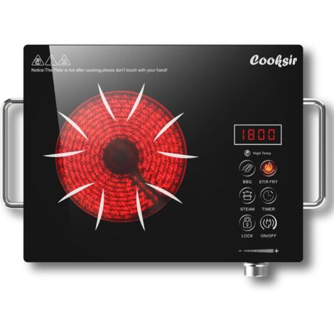 Cooksir Piano Cottura in Vetroceramica con Spina, Piano Cottura Portatile in Vetroceramica, Piano Cottura 1 Fuochi, Manopola e Controllo a Contatto, Fornello in Ceramica per Tutte le