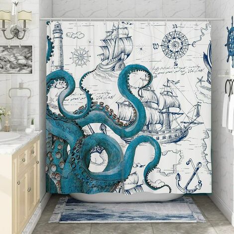 Cool Octopus Rideau De Douche 72 x 72 Anime Nautique Rideau De Douche Teal Kraken Rideau De Douche Voilier Bateau Pirate Rideau De Douche Tissu Polyester