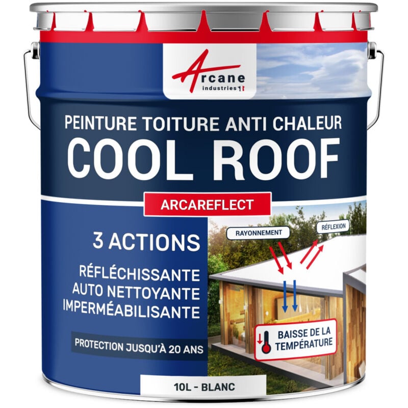 Arcane Industries - Cool Roof - Peinture toiture blanche réfléchissante, anti chaleur, auto nettoyante : Arcareflect - 10 l Blanc