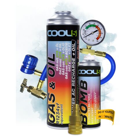 COOL5 2 en 1 - Remplacement du réfrigérant R1234yf avec huile, pour recharger la climatisation des voitures après 2016 + Tuyau de pression avec manomètre + Bombe rafraîchissante + Adaptateur + APC 500
