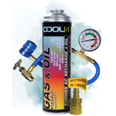 COOL5 2 en 1 - Sustitución del refrigerante R1234yf con aceite, para la recarga de aire acondicionado en coches posteriores a 2016 + Manguera de presión con manómetro + Adaptador + APC 500 ml