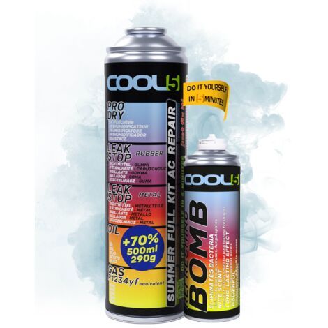 COOL5 5 en 1 - Kit de réparation de climatisation, recharge de réfrigérant R1234yf pour climatisation de voitures après 2016 + Bombe rafraîchissante + Nettoyant multi-usages 500 ml
