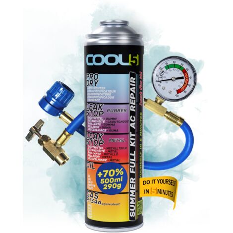 COOL5 5 en 1 - Kit de réparation de climatisation, recharge de réfrigérant R134a pour climatisation de voitures (1995-2016) + tuyau de pression avec manomètre + APC 500 ml
