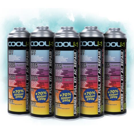 COOL5 5in1 - 5 x Kit di riparazione aria condizionata, AC, sostituzione refrigerante R134a per la ricarica dell'aria condizionata per auto 1995-2016 - 5 LATTINE + APC 500ml