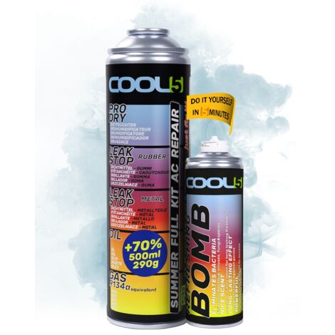 COOL5 5in1 – Klimaanlagen-Reparaturset, Kältemittelwechsel (R134a) für Pkw-Klimaanlagen (Baujahre 1995–2016) + Erfrischungsspray + 500 ml Allzweckreiniger