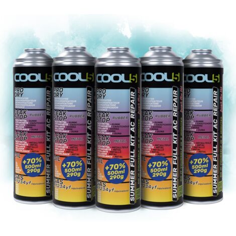 COOL5 Kit de réparation de climatisation 5 en 1 - 5 canettes + 500 ml, recharge de réfrigérant R1234yf pour climatisation de véhicules après 2016
