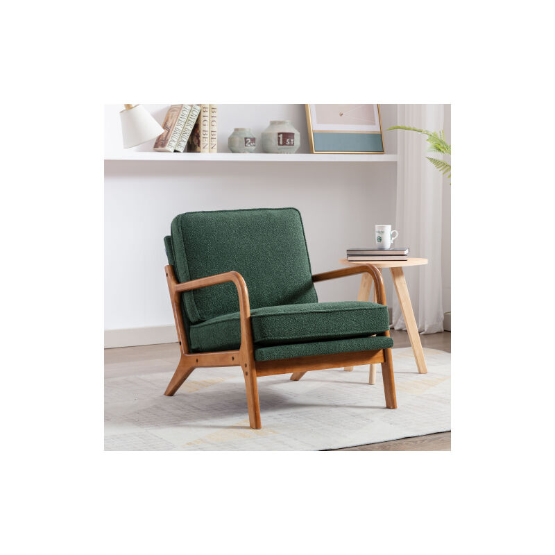 Fauteuil à cadre en bois, chaise d'appoint moderne, chaise longue pour le salon, tissu en cheniille, émeraude
