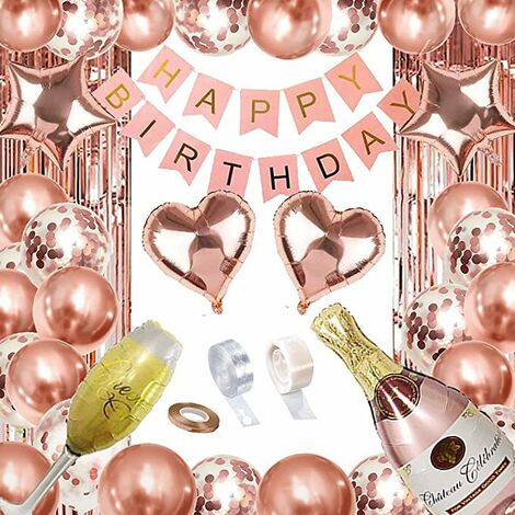 Copa de vino de oro rosa, botella de vino, juego de globos para fiesta de cumpleaos, suministros de decoración para fiesta de cumpleaos, bandera de oro rosa