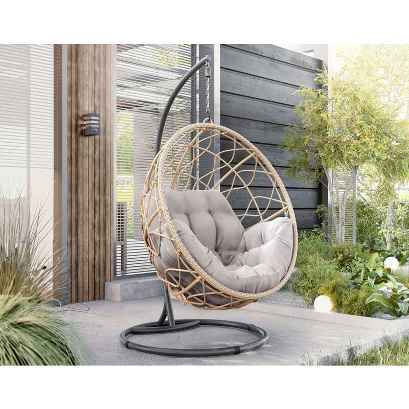 Bestmobilier - Copacabana - fauteuil suspendu 1 place - résine tressée beige et coussins gris - gris / beige