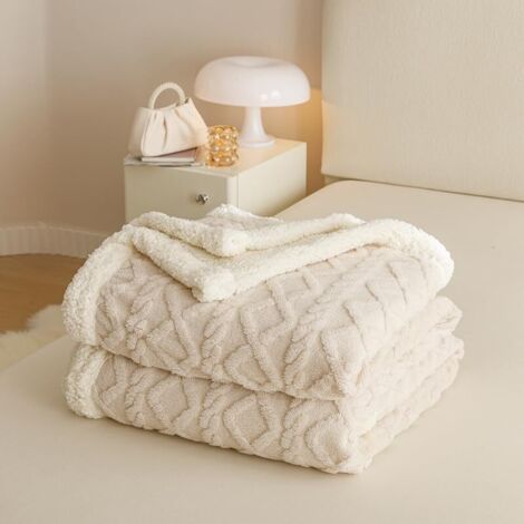 Coperta comfort 200 x 230 cm, autunno - inverno, morbida, adatta per letto, divano, beige, bianco, super morbida, grande coperta color sabbia, coperta per divano, calda flanella
