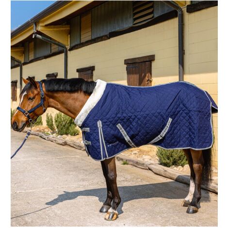 Coperta da box imbottita 200g con collo in agnello sintetico   più  cappellino omaggio: 135 cm, Blu