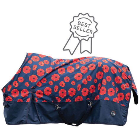 Coperta da paddock per cavalli modello Poppy tessuto esterno 600 denari e imbottitura 100 g con stampa papaveri rossi: Coperta papaveri rossi 145 cm