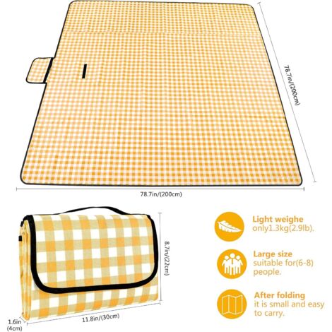 Coperta da picnic impermeabile, lavabile e leggera con maniglia, a quadri gialli, ideale per escursioni, viaggi, campeggio e parchi, 200 cm x 200 cm