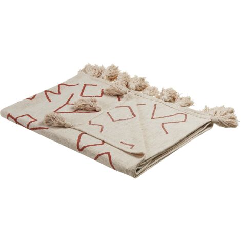 Coperta Di Cotone plaid fatto a mano Con Nappe 130 x 180 cm Beige e Rosso Bhiwani