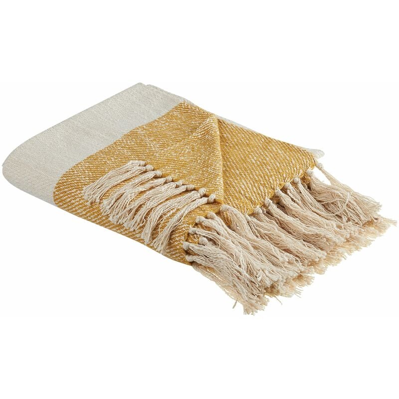 Coperta cotone e acrilico beige arancio a righe con nappe 130 x 170 cm Salme