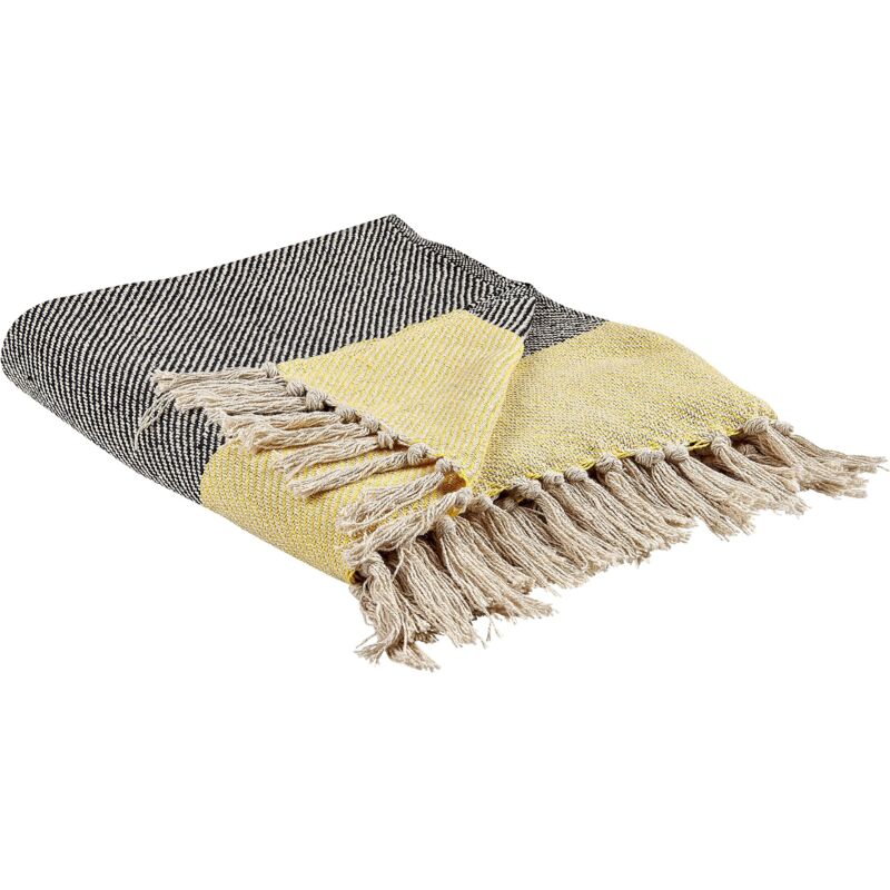 Coperta In Cotone Grigio E Giallo Con Frange 125 X 150 Cm Lapu