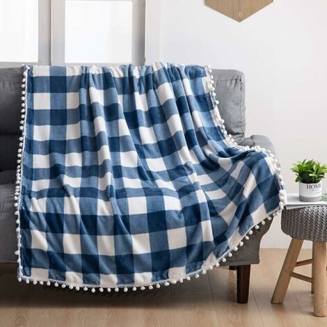 Coperta in pile con frange a nappine, plaid in flanella a quadri blu e bianchi, ideale per divano letto e tutte le stagioni (130x150 cm)