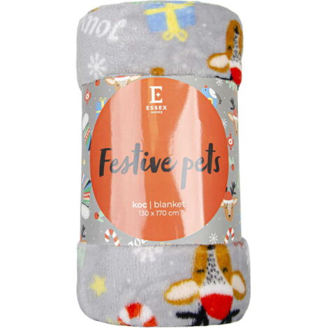 Coperta natalizia Festive Pets 130x170 grigia con renna morbida