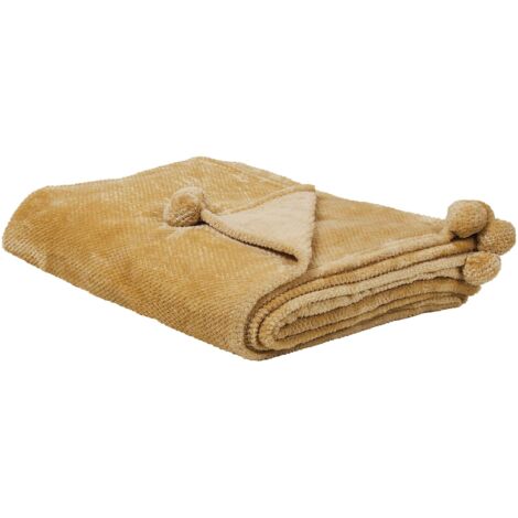 Coperta Poliestere Giallo Senape Morbida con Pompons 200 x 220 cm Saitler