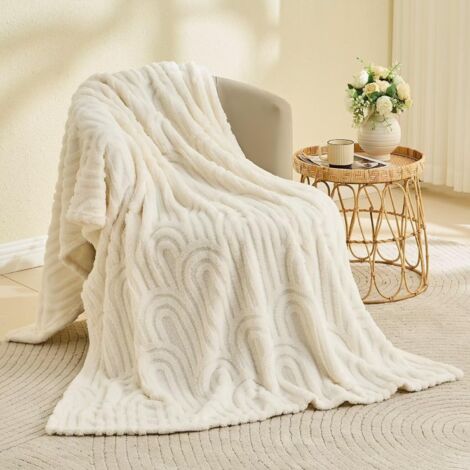 Coperta scozzese in lana super calda, coperta scozzese in pelliccia sintetica di alta qualità, coperta decorativa floreale, super morbida e soffice, bianca - 130 cm x 180 cm