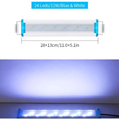 Copertura di illuminazione per acquario con staffe estensibili, lampada a clip per acquario con piante a LED, LED bianchi e blu per acqua dolce e salata
