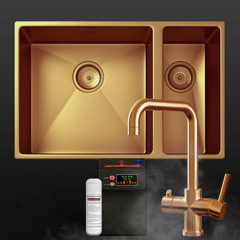 main image of "Copper OR Gold 1.5 Bowl and Half Kitchen Sink with 3in1 Instant Cold Hot Tap"