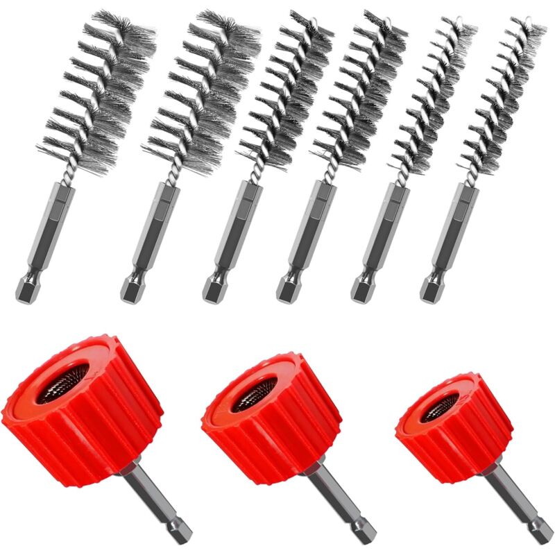 Copper pipe cleaner for drilling, includes 3 pipe cleaning brushes (1/2", 3/4", 1") and 6 stainless steel wire drill brushes, copper pipe cleaner set