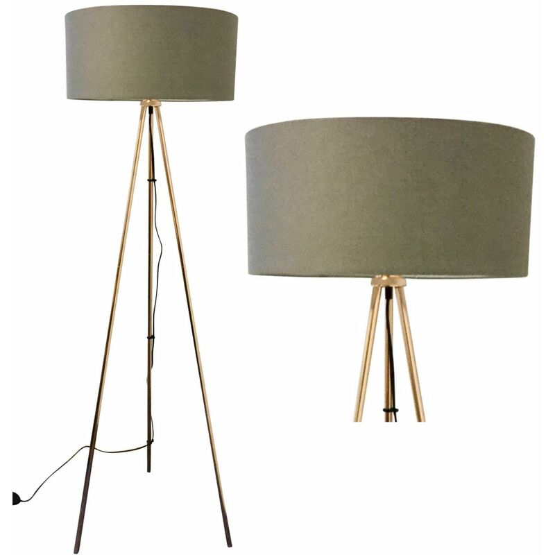 Copper Tripod Floor Lamp with Grey Fabric Shade