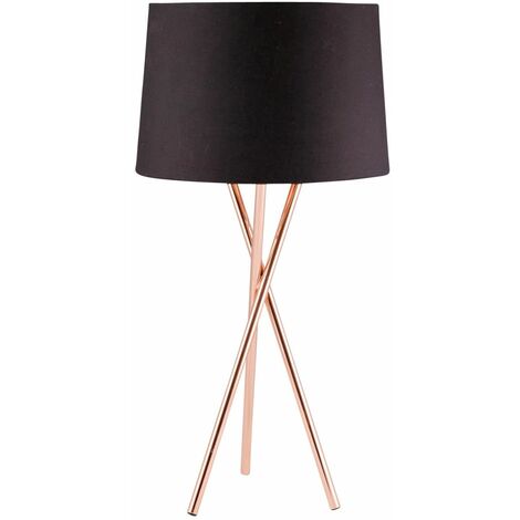 Copper Tripod Table Lamp with Black Fabric Shade - Polished copper plate and black cotton