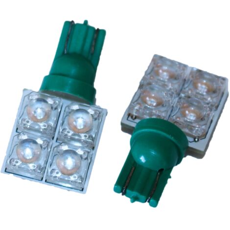 Coppia 2 Lampade Led T10 Con 4 Led F5 Flux Laterale Colore Verde Green 12V 0,2W