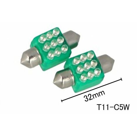 Coppia 2 Lampade Led T11 C5W Siluro 32mm Quadrato Con 9 Led F3 Colore Verde Green 12V 0,2W