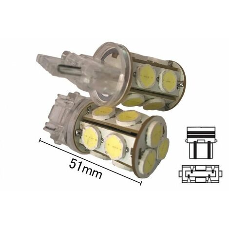 Coppia 2 Lampade Led T25 3157 P27/7W Con 13 Smd 9080 Bianco Freddo 6000K 12V 6W