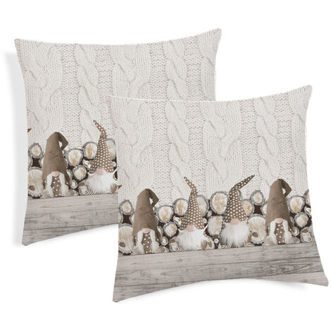 Coppia Cuscini Arredo Imbottiti 40x40 Disegno Gnomi Colore Beige