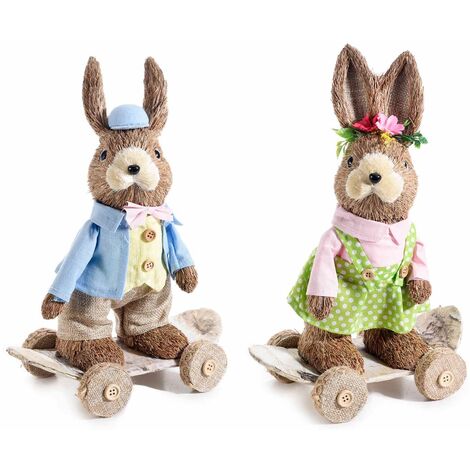 Coppia di Coniglietti Pasquali in Paglia Naturale  con Skateboard e Abito Decorazione Artigianale per la Casa Idea Regalo per Pasqua Set da 2 Pezzi