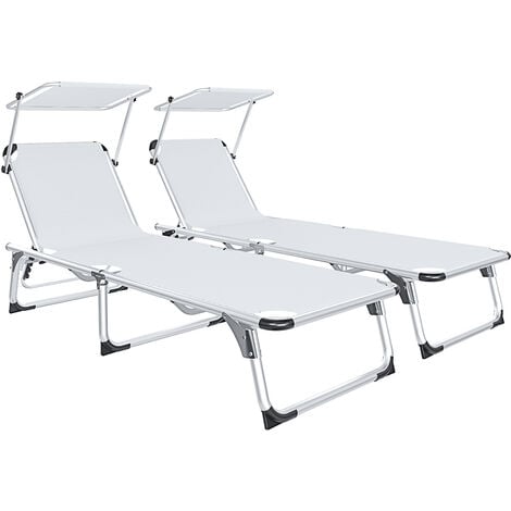 Coppia Di Lettini Pieghevole Prendisole Tettuccio Parasole Schienale Reclinabile Regolabile 6 Posizioni Struttura In Alluminio Sedia Sdraio Spiaggia Mare Giardino Piscina 187 x 59 x 29 Cm (White)